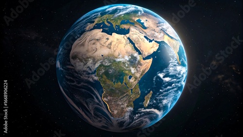 High-resolution realistic earth globe showing africa europe and middle east with detailed continents and swirling clouds in outer space view