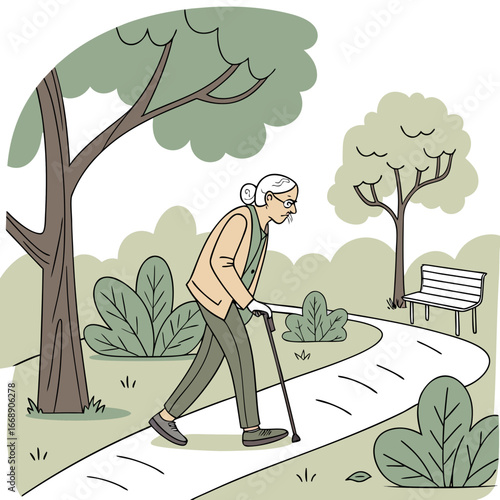 Impaired senior citizen walking in city park