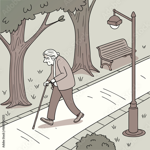 Impaired senior citizen walking in city park