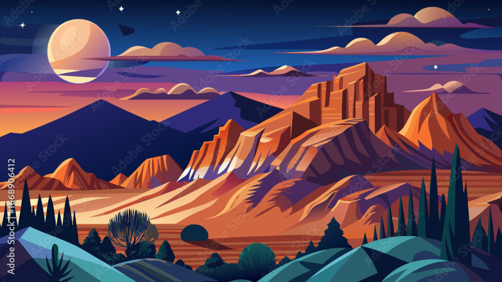 Obraz premium Santa Fe, Jemez Mountains at Dusk with Crescent Moon Dusky skies embrace Jemez peaks, crescent moon glimmers softly above, mountains breathe ancient stillness, New Mexico’s desert soul glows with quie