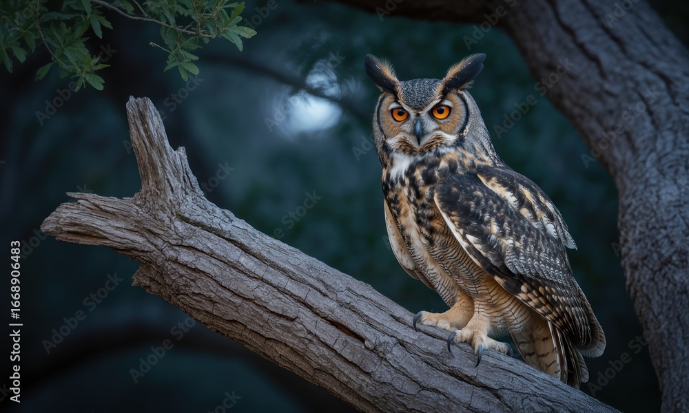 Obraz premium Large owl perched on a tree branch at twilight