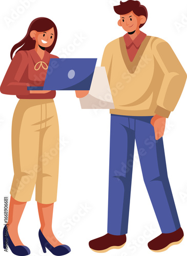 A woman and a man collaborating on a laptop, discussing work or a project together in a professional setting.