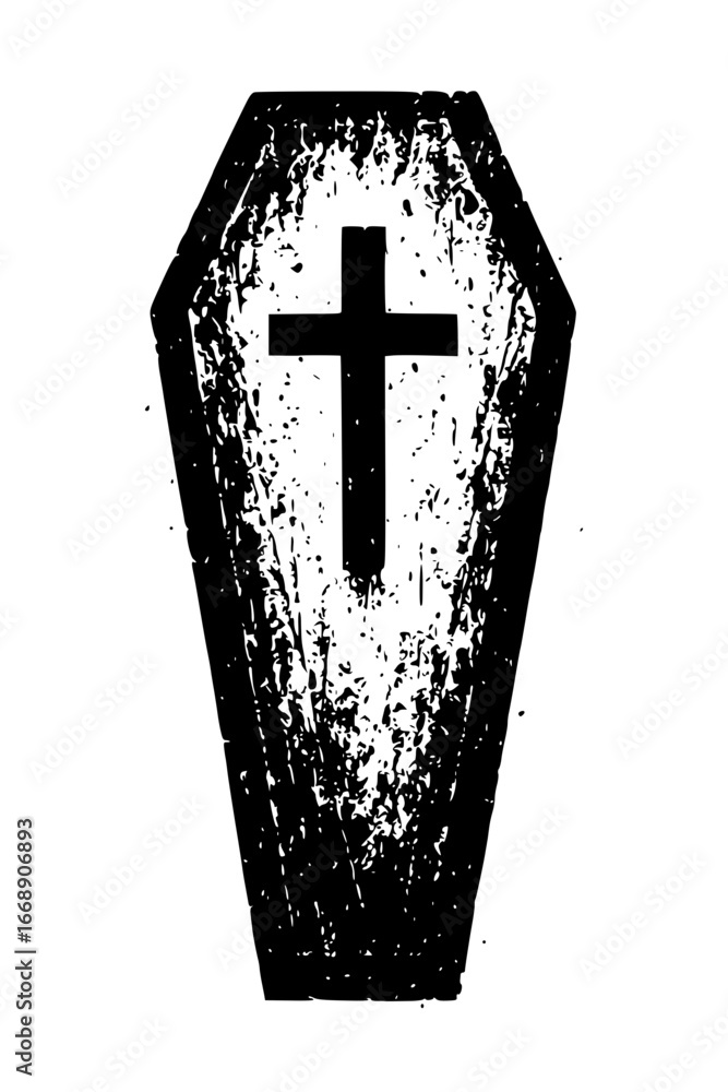 Obraz premium A stark image of a traditional coffin, adorned with a prominent Christian cross, embodies themes of mourning, faith, and the solemnity of loss.