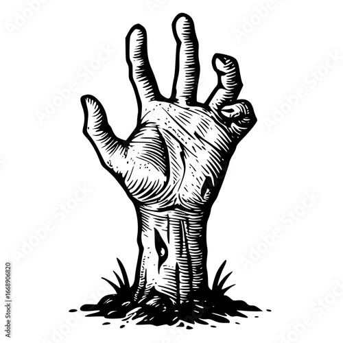 An eerie illustration depicts a zombie hand reaching from the ground. Its gnarled and decaying appearance, evoking a sense of horror and suspense.