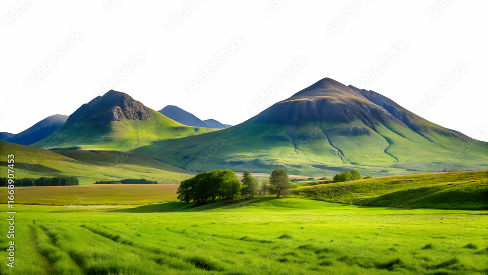 Fototapeta premium Rolling green hills and majestic mountains under a clear sky, showcasing the beauty of nature, isolated on transparent background