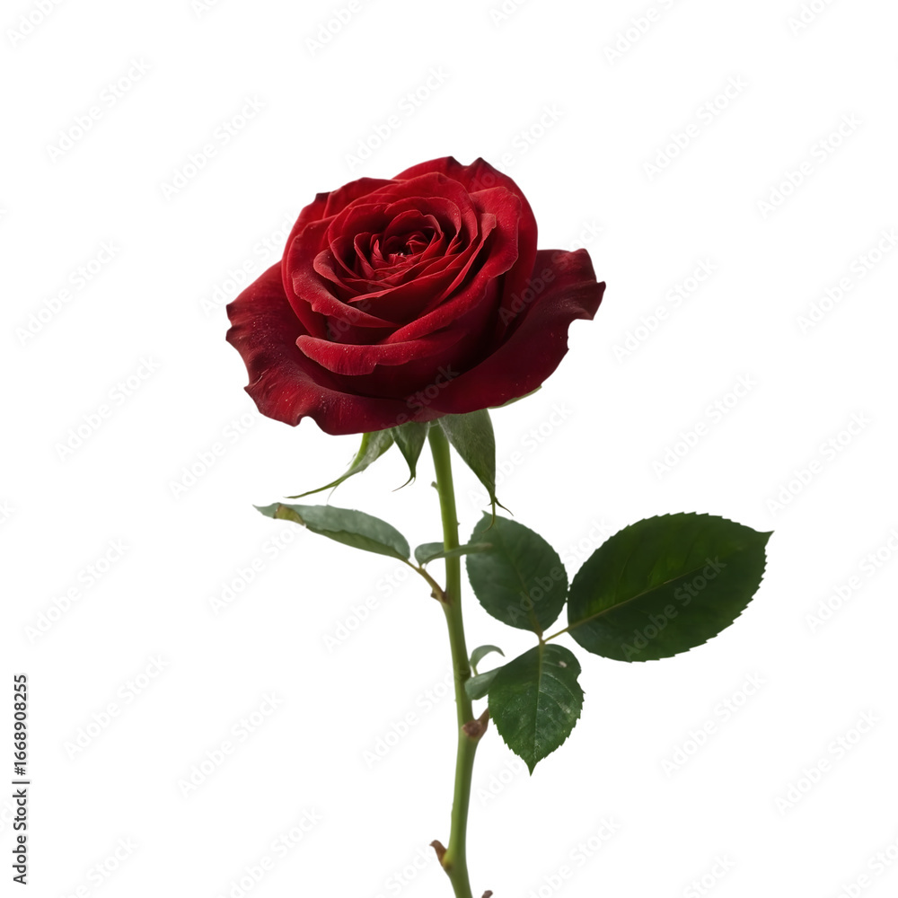 Fototapeta premium Elegant Crimson Rose: A velvety, deep red rose in full bloom. The petals unfurl gracefully. The shot showcases the intricacies of nature's beauty.