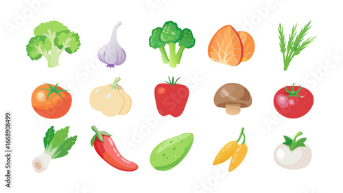 Illustration of various fresh vegetables including broccoli garlic tomatoes and other garden produce