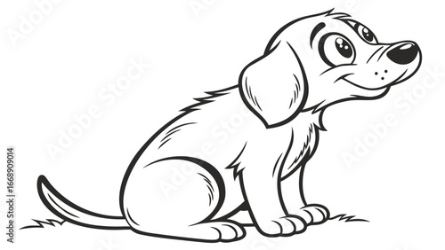 Cartoon illustration of a cute puppy sitting with a happy expression and looking up to the right side