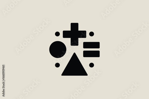 A graphic design featuring geometric shapes including a circle triangle and plus sign in black color