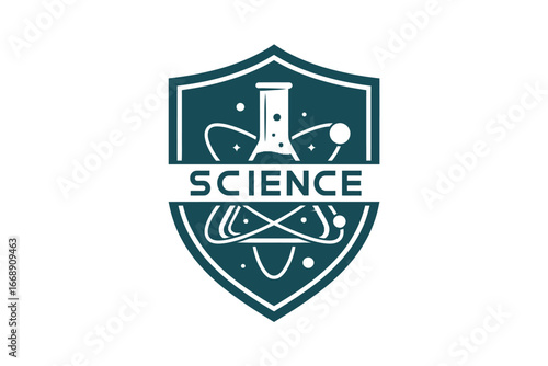 A science logo with a shield shape containing a beaker atom and the word science in the middle area