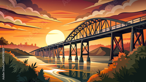 Sunset on Tuscaloosa Railroad Trestle
River reflects burning skies, steel trestle arches proudly across currents, sunset paints Tuscaloosa with amber glow, timeless structure stands as witness to even