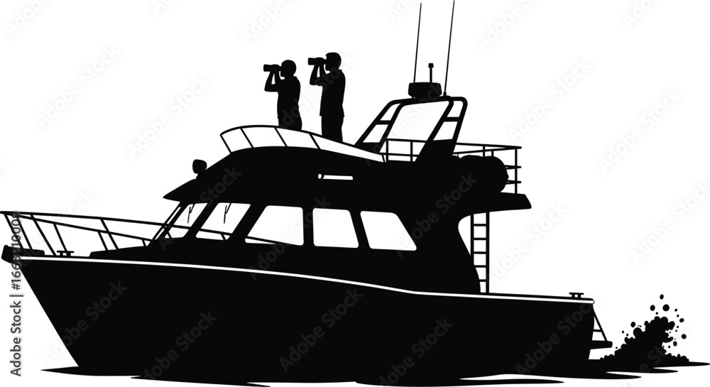 Obraz premium Silhouette of a Motor Yacht with Two People Observing Through Binoculars boat ship