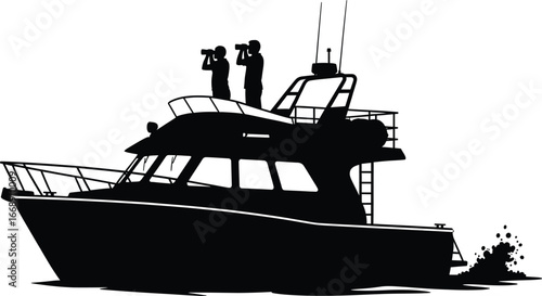 Silhouette of a Motor Yacht with Two People Observing Through Binoculars boat ship