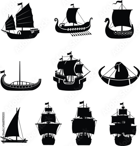 Assortment of Black Silhouettes of Historical Sailing Ships vintage maritime