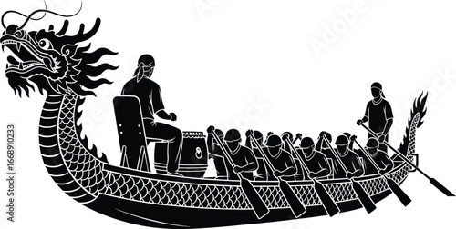 Black silhouette of a dragon boat race with paddlers and a drummer rowing paddling