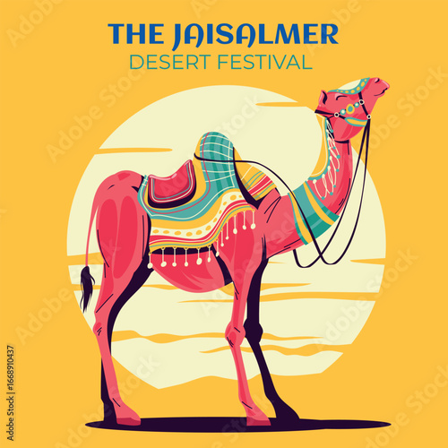Colorful vector illustration of a decorated camel for Jaisalmer Desert Festival in Rajasthan, India. Perfect for travel, culture, and traditional event designs