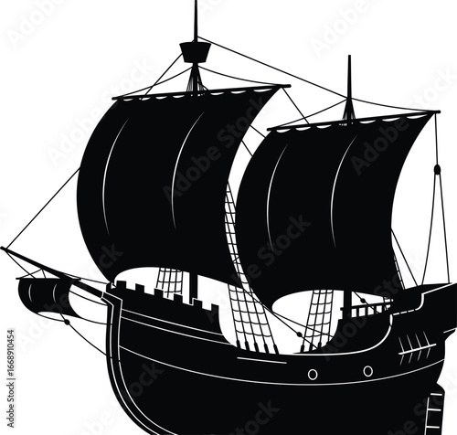 Black silhouette of a sailing galleon with full sails and rigging sailing ship black and white