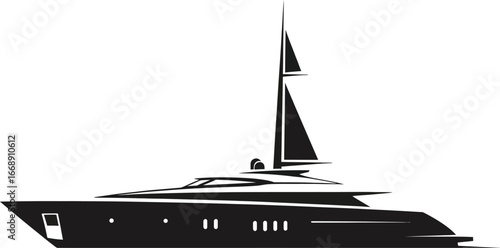 Black silhouette of a modern luxury yacht with sails and a white background boat ship