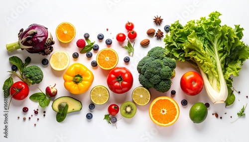 Wallpaper Mural Colorful assortment of fresh fruits, vegetables, seeds, and nuts arranged on a white background Torontodigital.ca