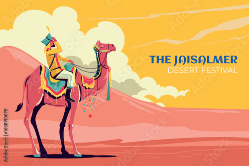 Jaisalmer Desert Festival camel rider illustration in vibrant vector style