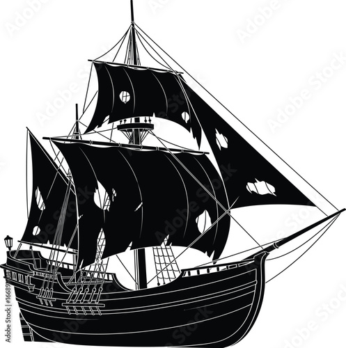 Silhouette of a black sailing ship with tattered sails on a white background tall ship