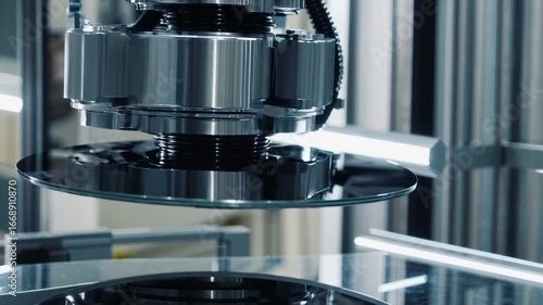 Detailed Close Up Perspective of Automated Robotic Arm Actively Engaged in the Fabrication Process of Silicon Wafers Within High-Tech Clean Room Production Environment