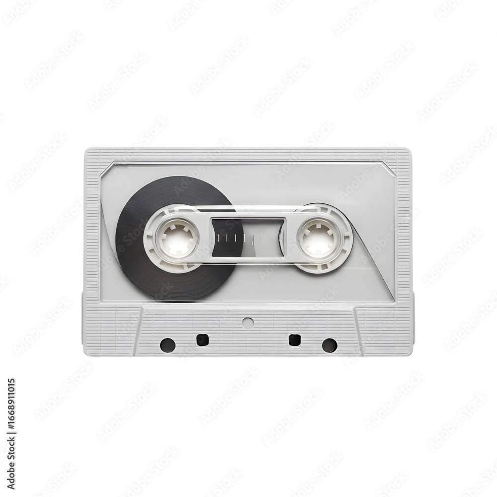 Obraz premium A gray audio cassette tape on a white background, top view, studio shot.