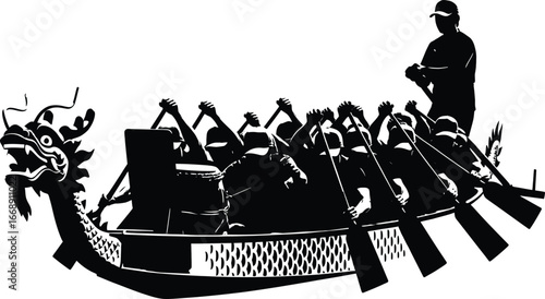 Silhouette of a dragon boat team paddling with drummer and dragon head on white background
