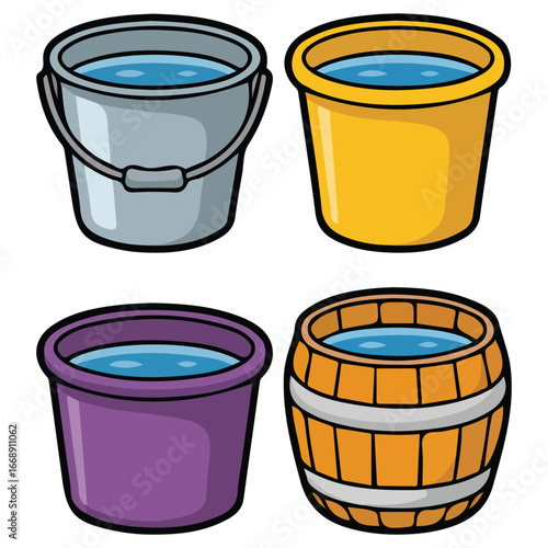 Water buckets set metal pail plastic garden bucket isolated vector illustration on white background