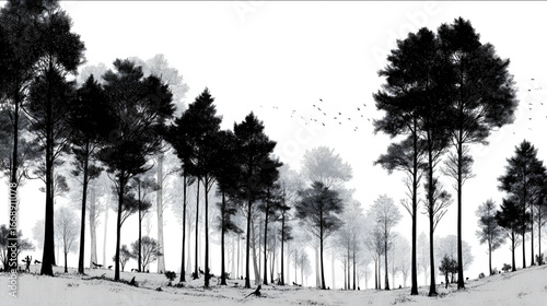 a serene forest filled with trees minimalist black and white style clean composition no colors high contrast fine line art ink drawing style negative space tr.