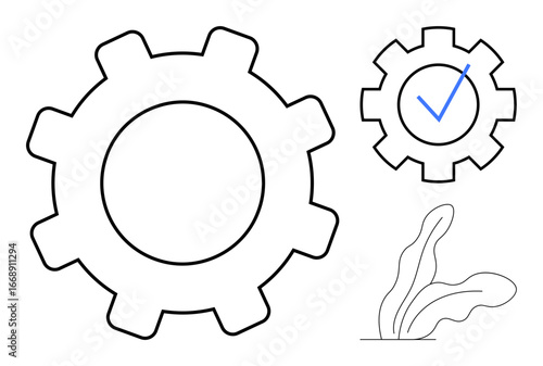 Large and small gear outlines with one featuring a checkmark, paired with an abstract plant. Ideal for process management, productivity, efficiency, teamwork, innovation, organization, strategy