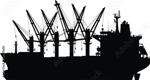 Silhouette of a Cargo Ship with Multiple Cranes on a White Background freighter container ship