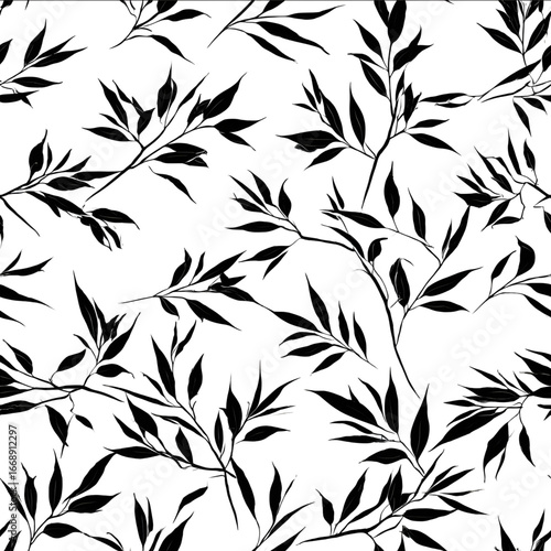 Pure white background black willow leaves long and thin strips and grape vines small black evenly spread wide gaps background 80 black and white simple lines .