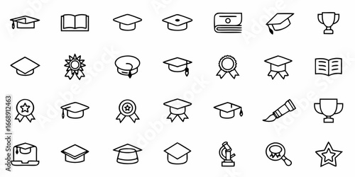 Education and achievement icons perfect for academic projects, graduation ceremonies, and educational websites, conveying knowledge and success