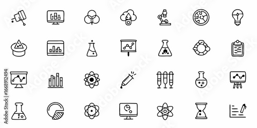 Hand-drawn science and technology icons representing research, innovation, and data analysis for education, business, and design
