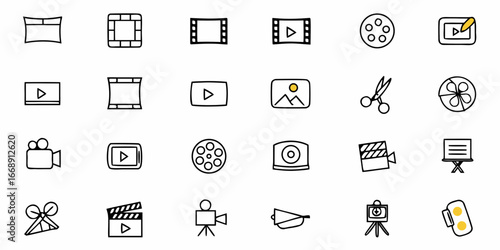 Hand-drawn movie and video icons for creative projects, media production, video editing, and filmmaking, perfect for digital content creation