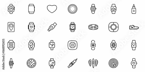 Minimalist smartwatch icons collection for fitness, health, and communication, perfect for app UI design or modern technology branding
