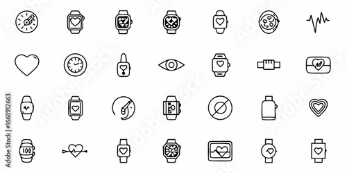 Smartwatch icons representing time, health, and connectivity for modern tech concepts and digital design projects