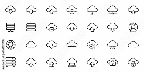 Essential cloud computing and data storage icons depicting upload, download, settings, security, and server concepts for modern technology designs