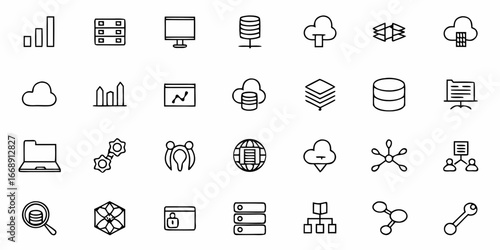 Modern data and technology icons representing cloud computing, databases, analytics, and network security for digital innovation