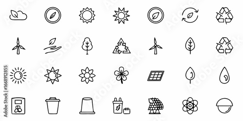 Eco-friendly icons showcasing sustainability, renewable energy, and environmental protection for modern design projects