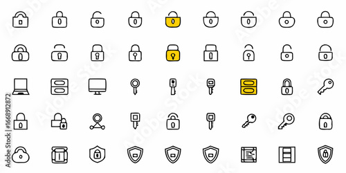 Protect your data with this comprehensive collection of security icons featuring padlocks, keys, and shields, representing digital safety and online protection