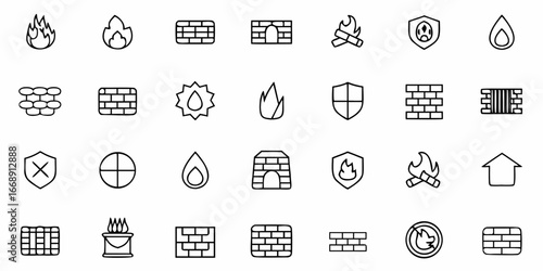 Collection of Fire, Brick, and Protection Icons for Design Projects, Representing Safety, Building, and Warning Symbols