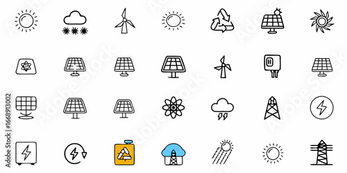 Sustainable energy icons representing renewable resources like solar panels, wind turbines, and eco-friendly power generation for a clean future