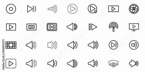 Modern media icon set featuring play, pause, volume, and technology symbols for UI/UX design, web applications, and digital content creation
