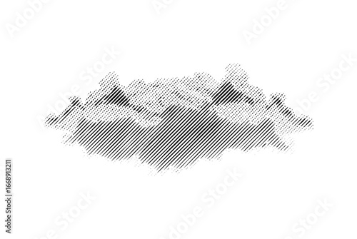 Striking hatched cloud graphic designed with linear strokes for versatile design elements, suitable for weather concepts and creative projects.