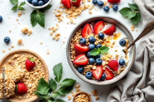 Fresh Breakfast Bowl with Berries Yogurt and Granola Top View Delicious