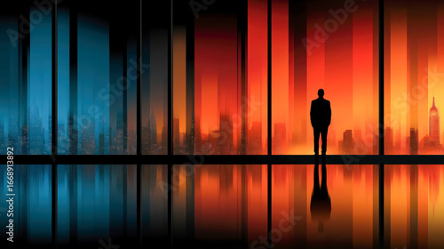 Investor reviewing stock market charts in minimalist high-rise office with floating digital data and sharp shadow lines.