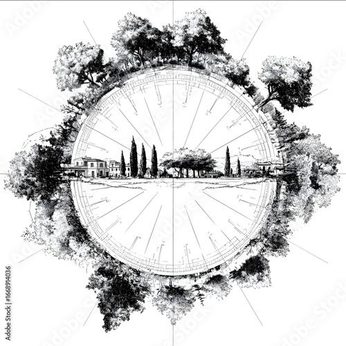 Architectural elevation sketch of a circular perimeter forest diagram Mediterranean forest vegetation pine trees olive trees holm oaks shrubs aromatic plants .