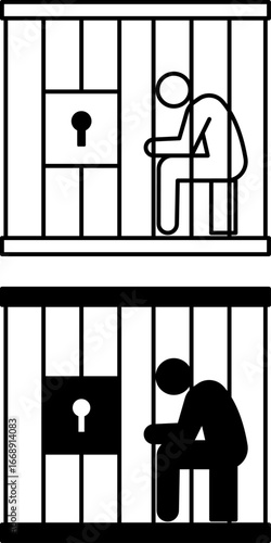 Jail Icons. Black and White Vector Illustration. Man Sitting in Prison Cell. Justice Concept